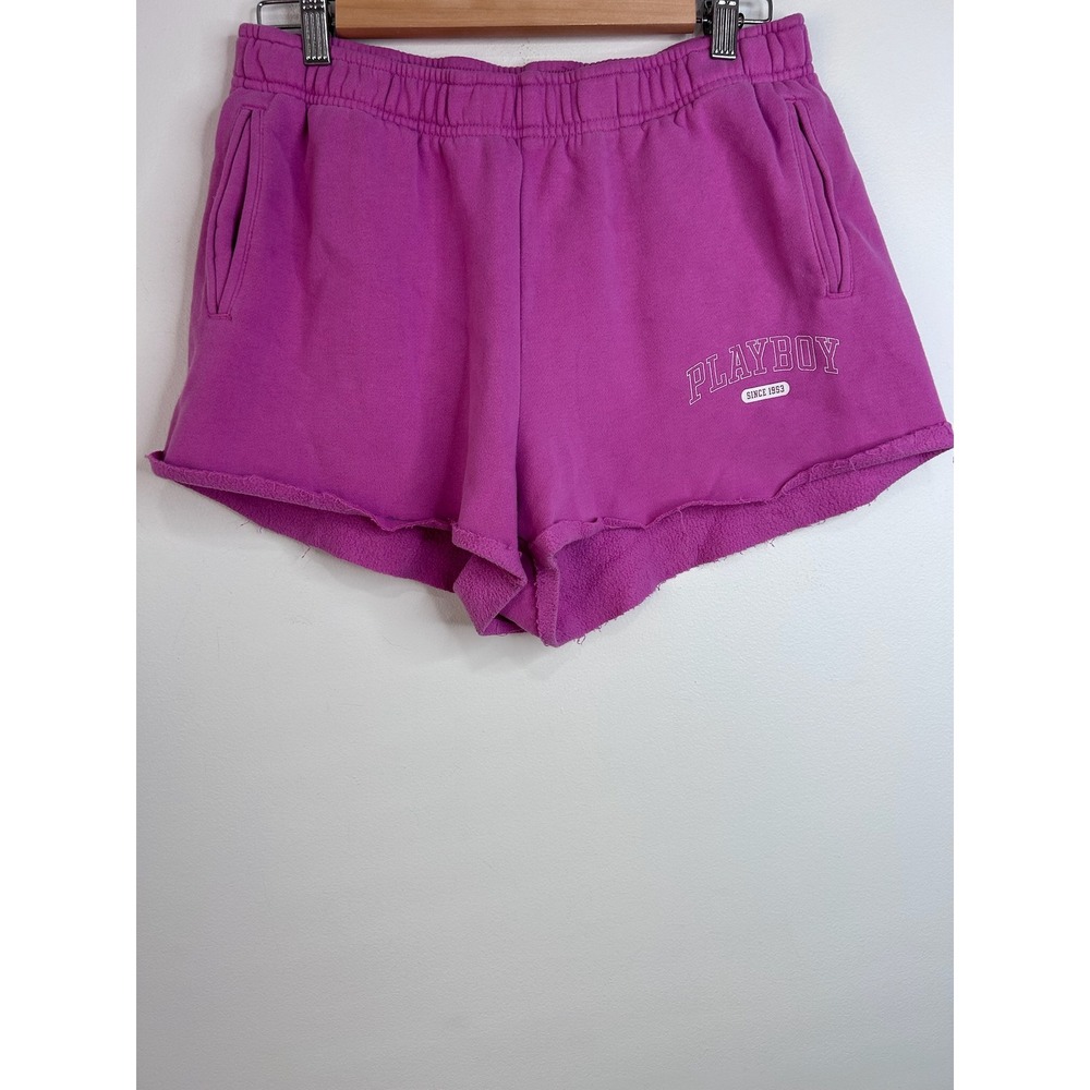 Playboy PacSun Womens Pink Purple Graphic Fleece Sweat Shorts Size‎ M Cute Comfy